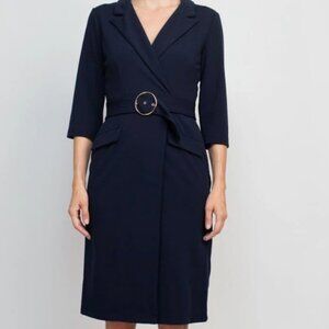 NWT Sharagano Notched Collar 3/4 Sleeve Solid Belted Stretch Crepe Dress Sz 14